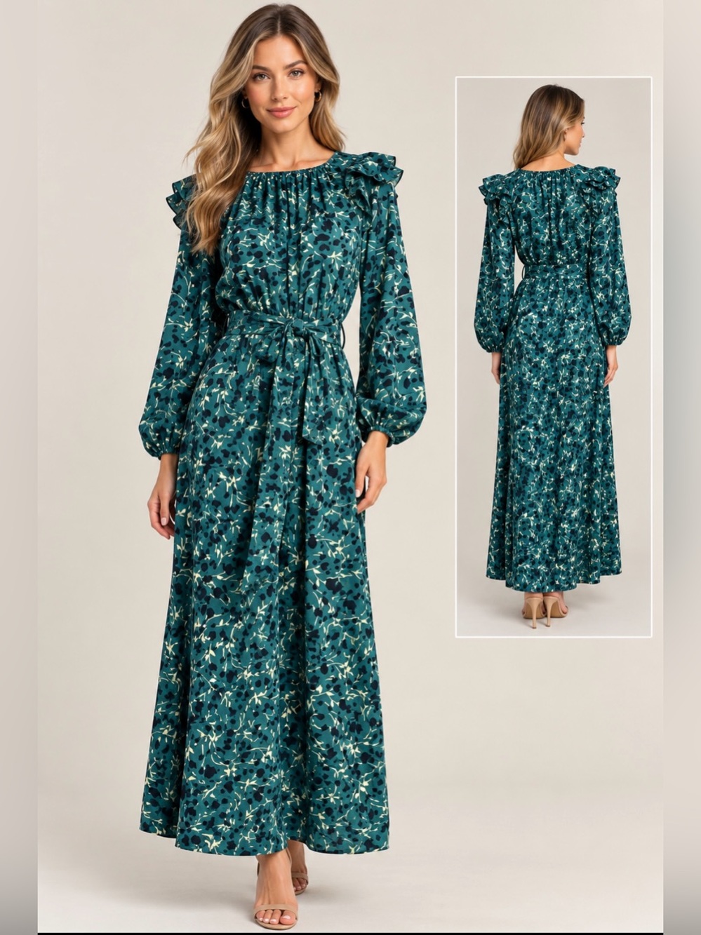 Who What Wear Teal Floral Ruffle-Neck Maxi Dress